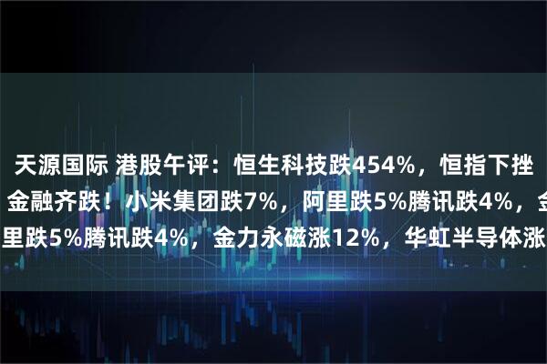 天源国际 港股午评：恒生科技跌454%，恒指下挫超900点六连跌，科技、金融齐跌！小米集团跌7%，阿里跌5%腾讯跌4%，金力永磁涨12%，华虹半导体涨36%
